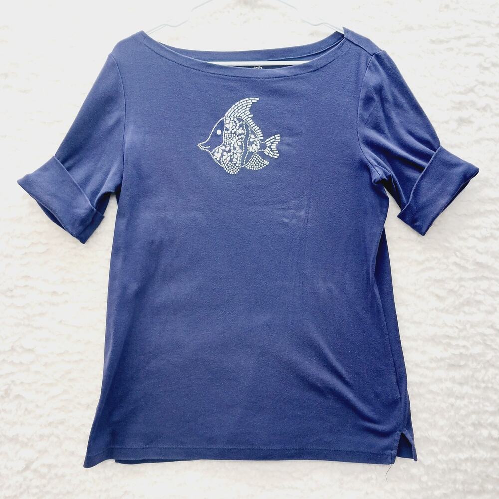 T-Shirt Women Navy Resort Cruise Summer Core Coastal Relaxed Jewel Fish Size L